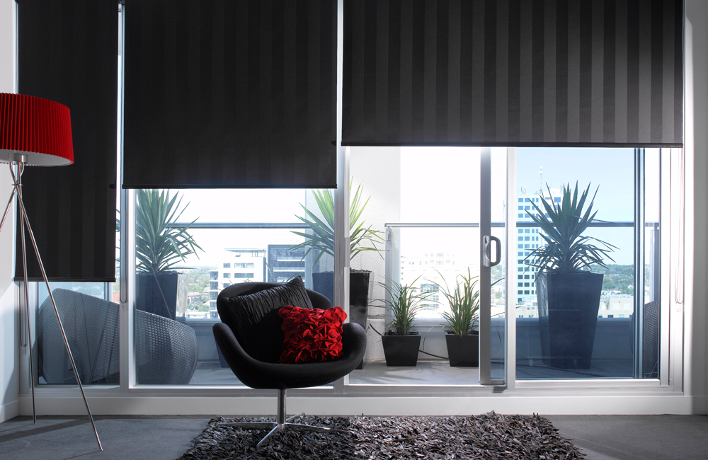 A life size window with black blinds