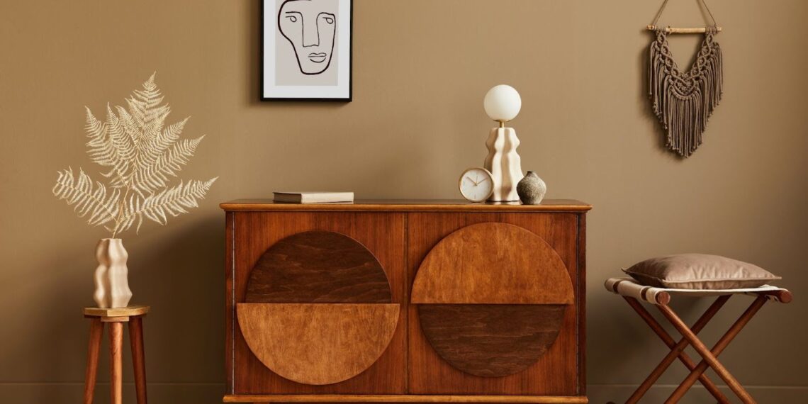 A corner in home decorated with wooden furniture and other decorative items