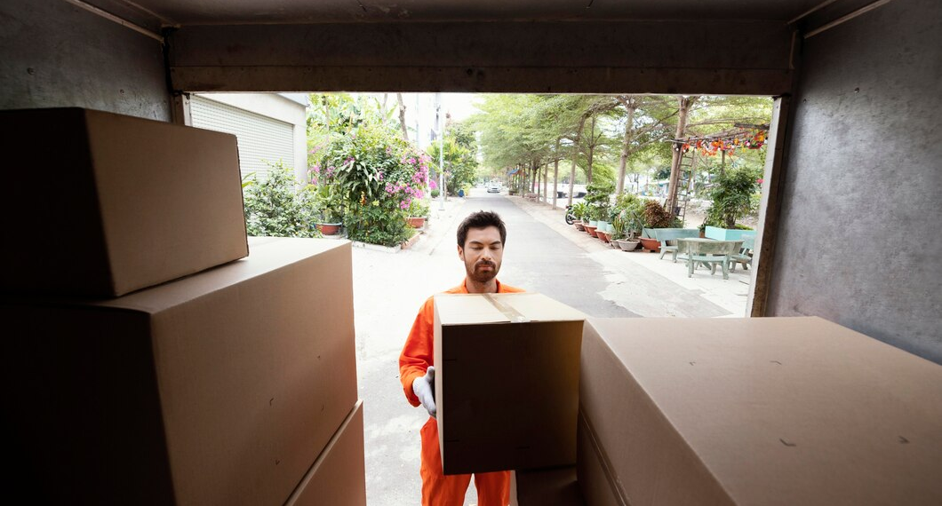 A man packing stuff in card boxes to move