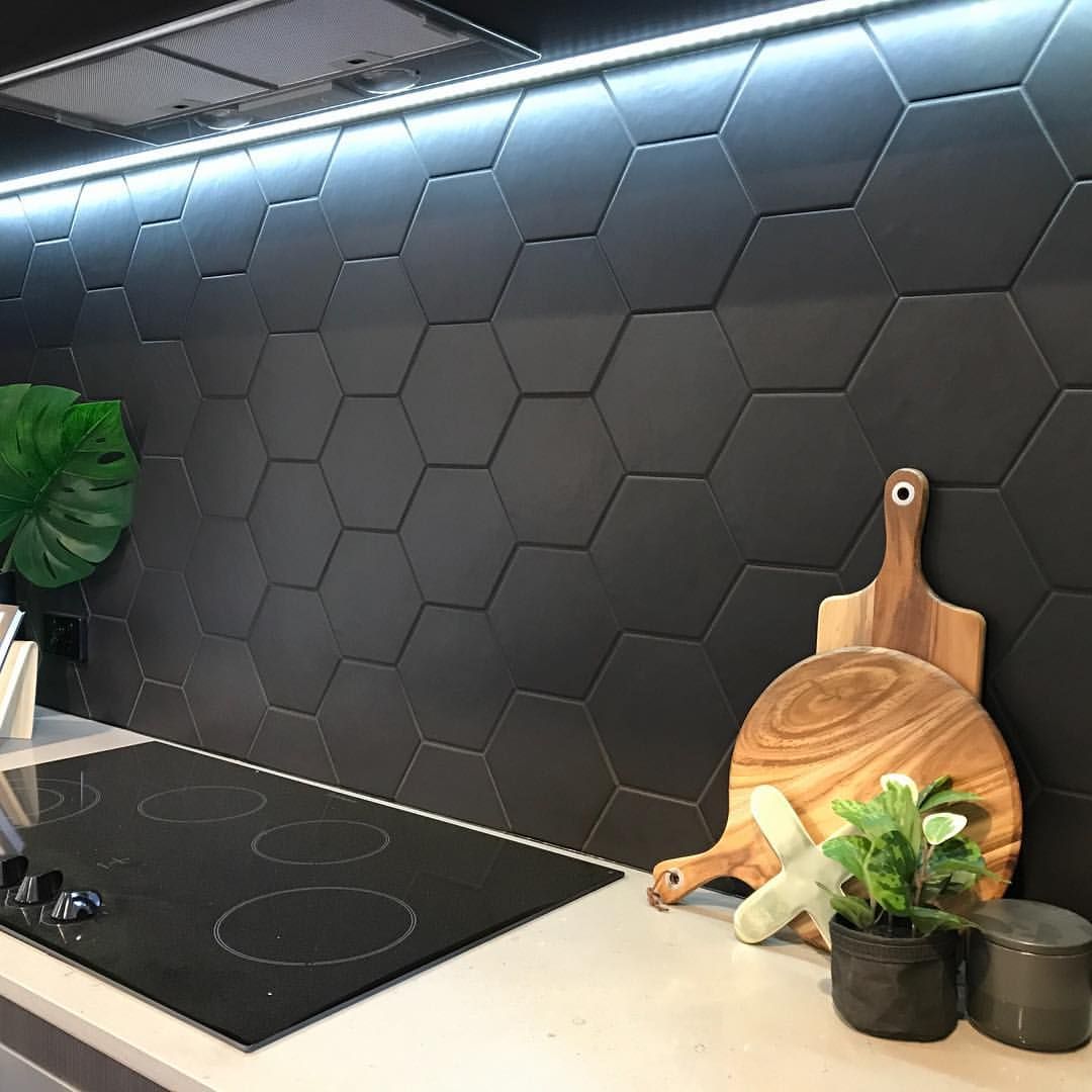 Black-hexagon kitchen splashback