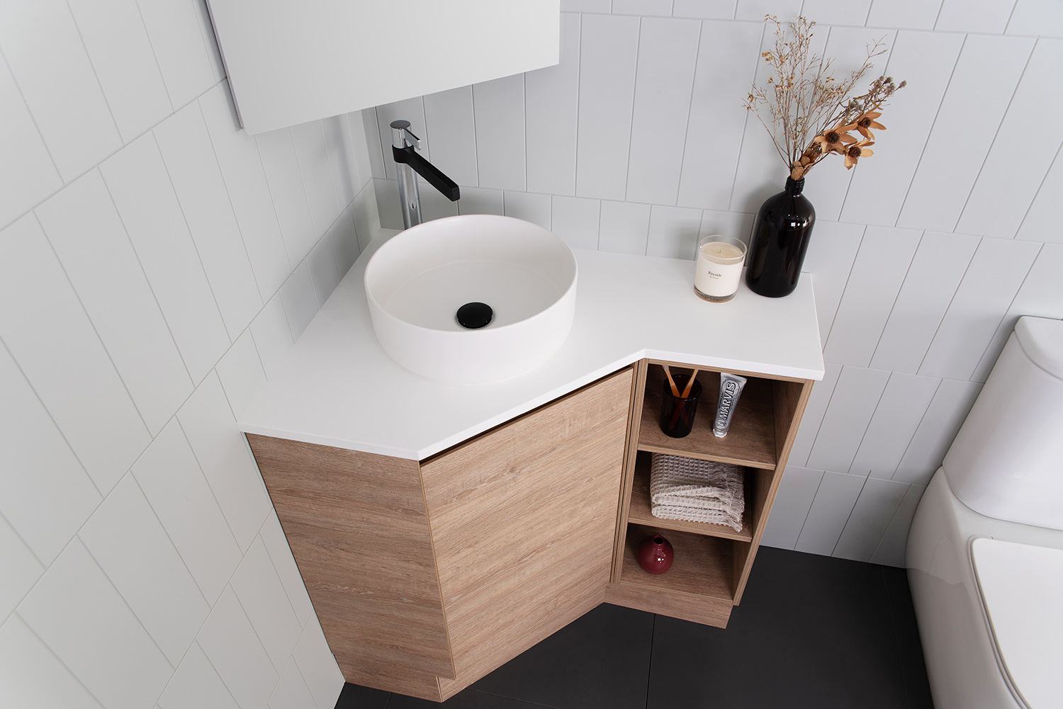 Corner Sink To Save Space in Small Ensuite Bathroom