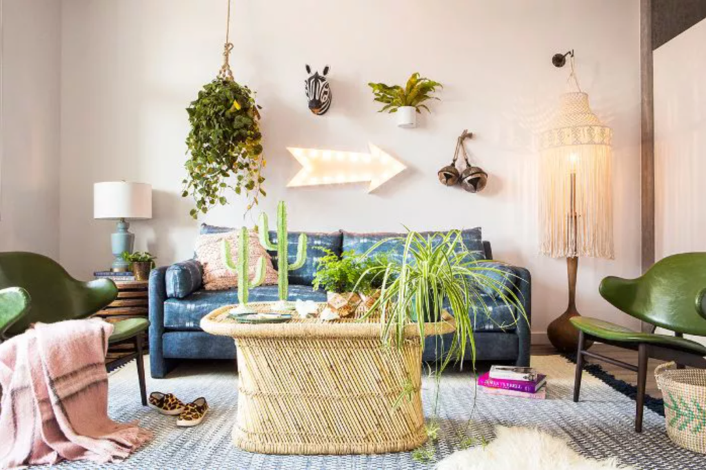 Green boho style modern living room