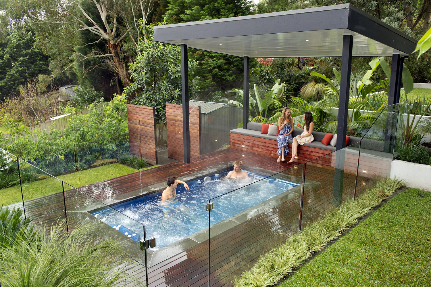 Low-maintenance outdoor spa landscaping 