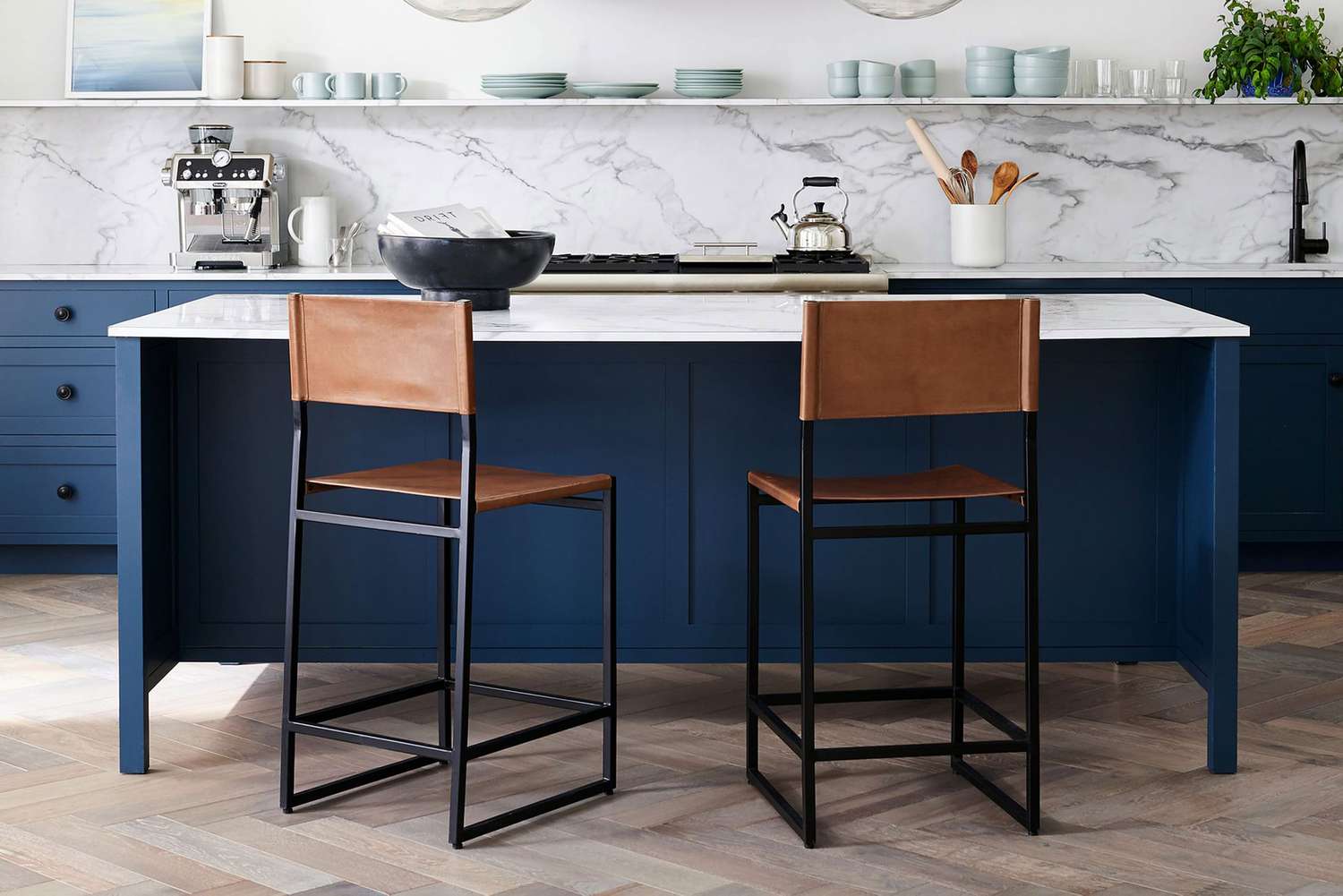 Replace bar stools with trending benches in a kitchen