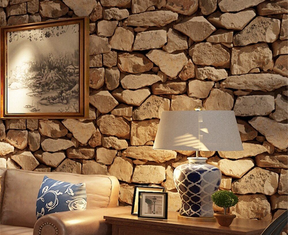 Rough stone walls living room