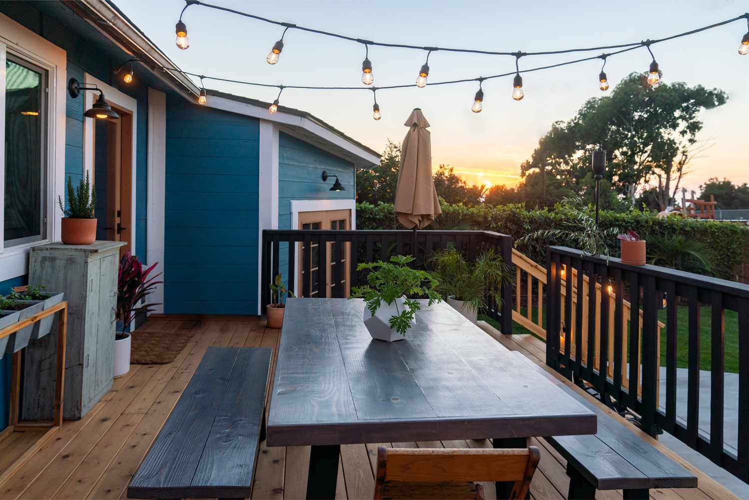 String Lights on the deck in Backyard Deck