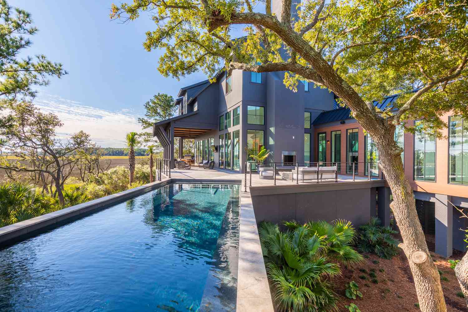 Tall trees near above-ground pool spa