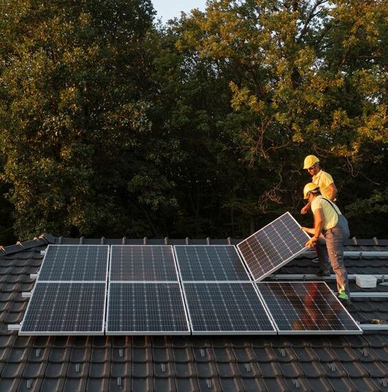 Two men installing solar panels on a home's roof