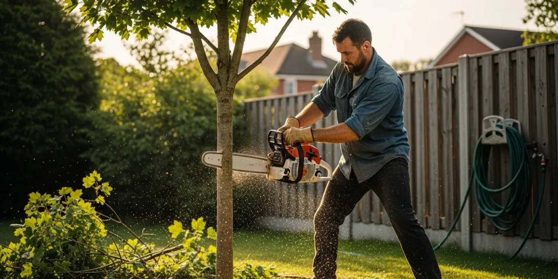 a person removing a tree from his yard