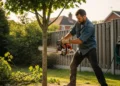 a person removing a tree from his yard