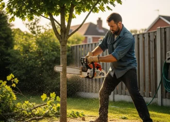 a person removing a tree from his yard