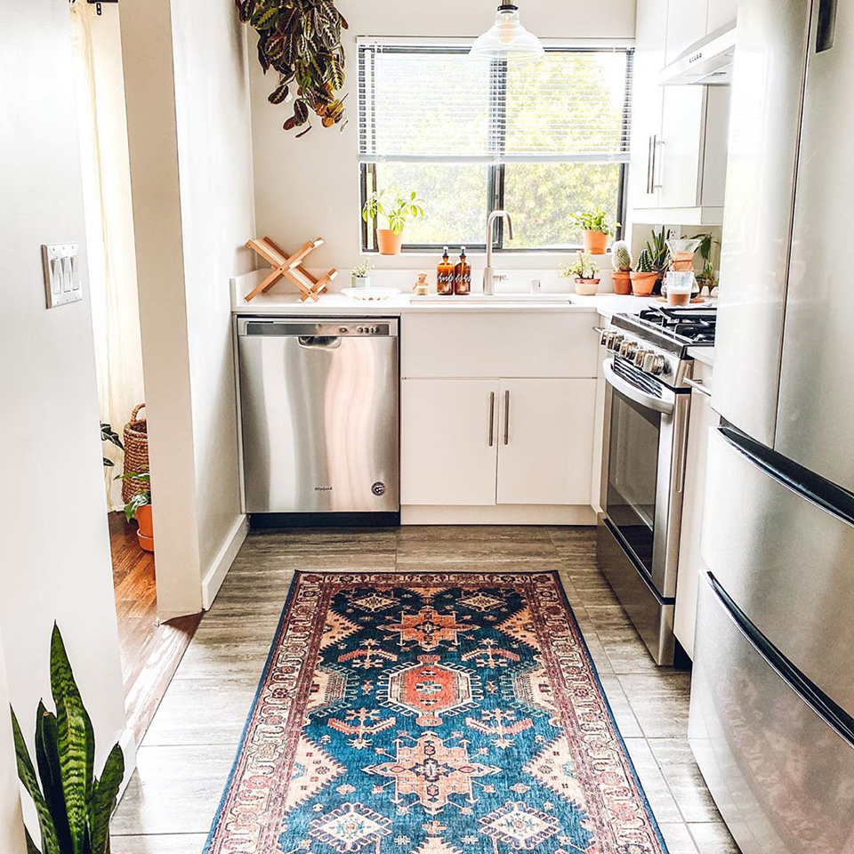 avoiding the feeling of a compact space rug in small kitchen